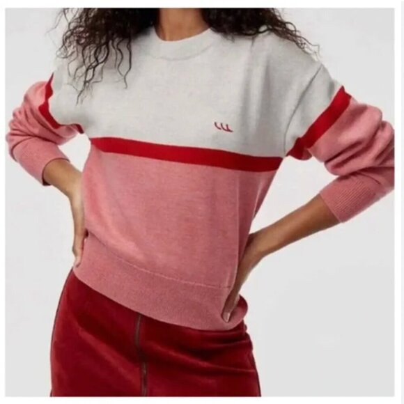 ARITZIA WILFRED FREE CAELA MERINO WOOL PINK GREY COLORBLOCK EMBROIDERED SWEATER - Picture 1 of 11
